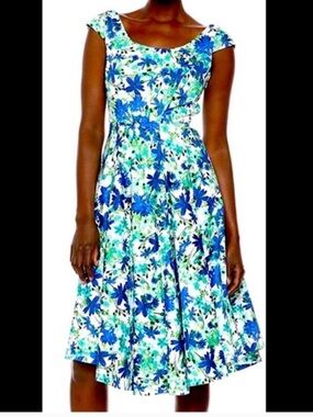 Blue Floral Fit-and-Flare Women’s Dress